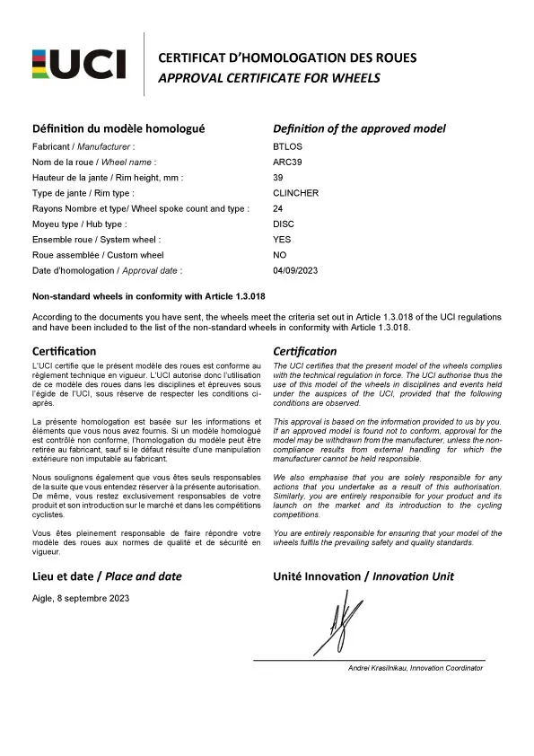 uci wheel approval procedure certificate btlos arc39